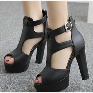 Fereshte Black Patent Platform Peep Toe Gladiator Heels - Size